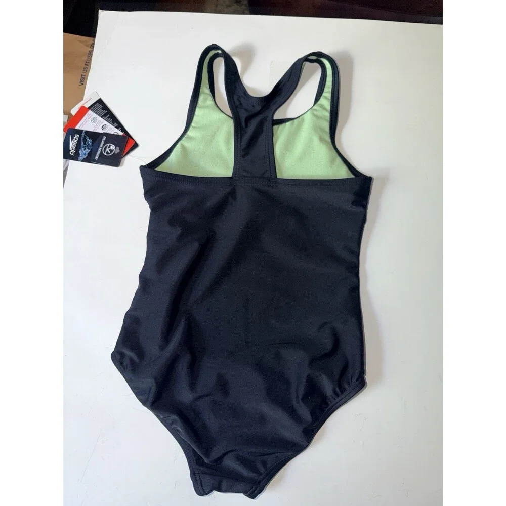 Girls Speedo One Piece Swimsuit Size 8 Black Green Athletic UPF 50+ New